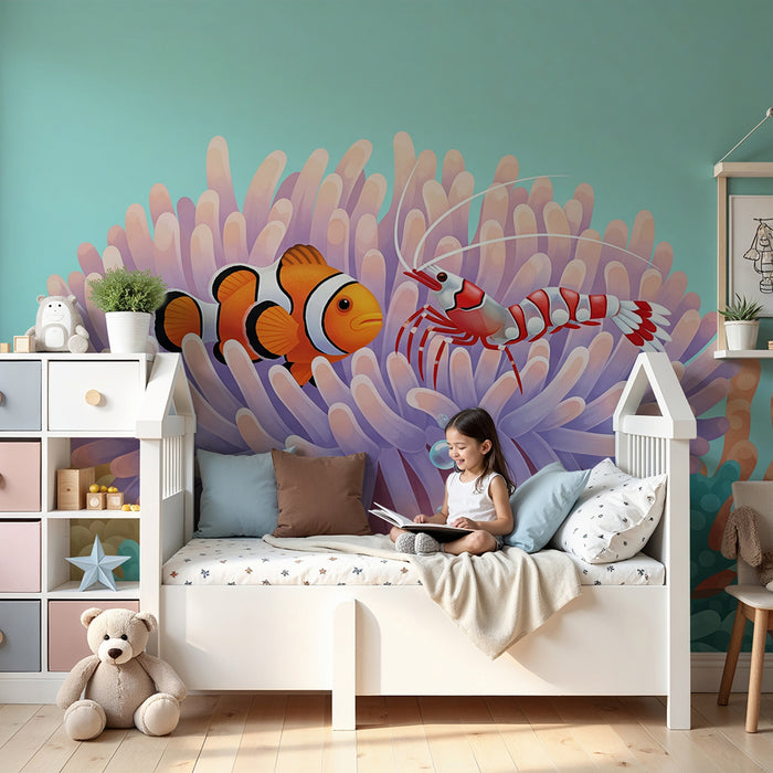 Papel de parede para quarto infantil | Peixe-palhaço e camarão num recife de coral colorido