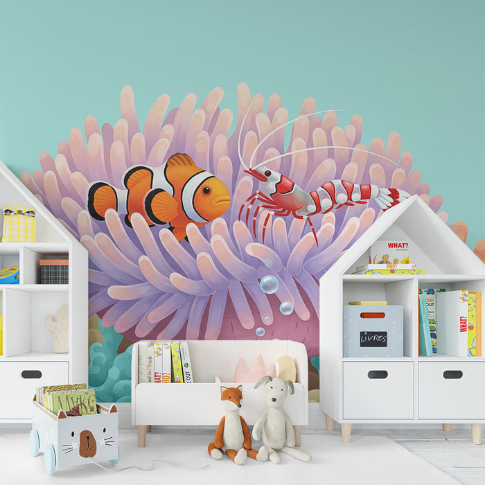 Papel de parede para quarto infantil | Peixe-palhaço e camarão num recife de coral colorido