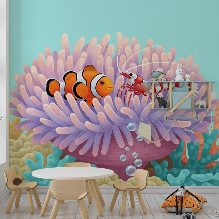 Papel de parede para quarto infantil | Peixe-palhaço e camarão num recife de coral colorido