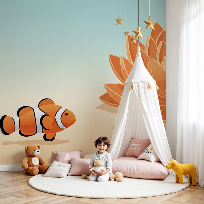 Papel de parede infantil | Peixe-palhaço e flor aquática sobre fundo pastel