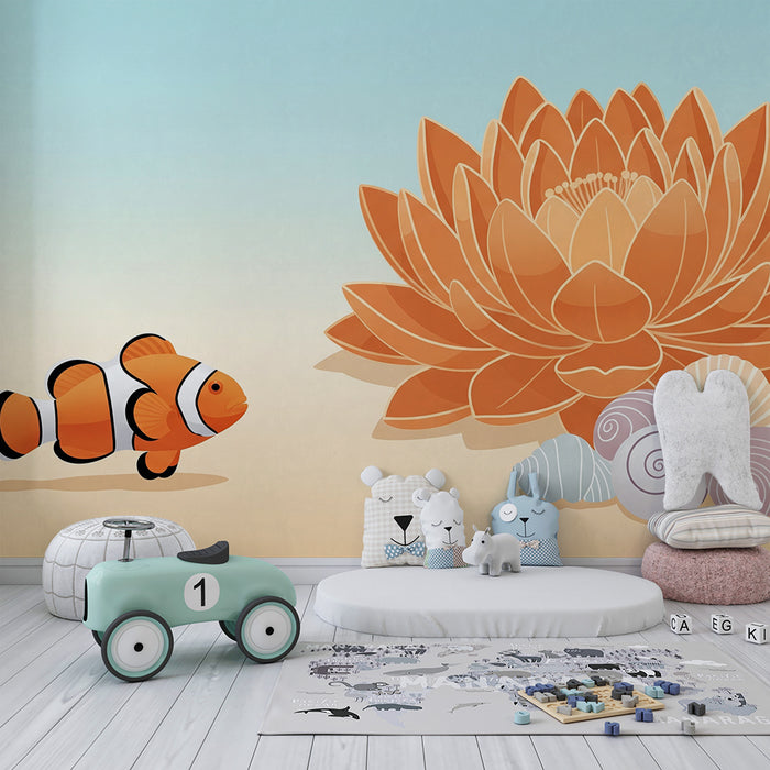 Papel de parede infantil | Peixe-palhaço e flor aquática sobre fundo pastel