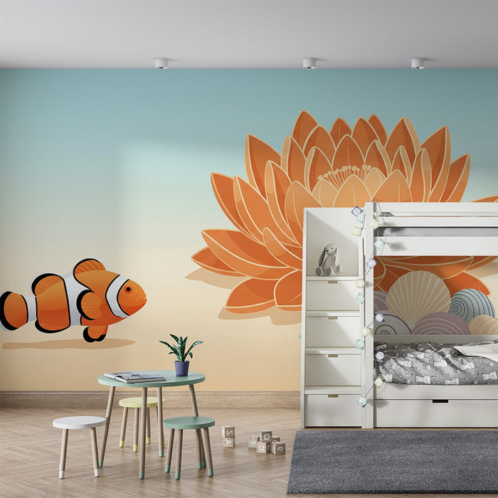 Papel de parede infantil | Peixe-palhaço e flor aquática sobre fundo pastel