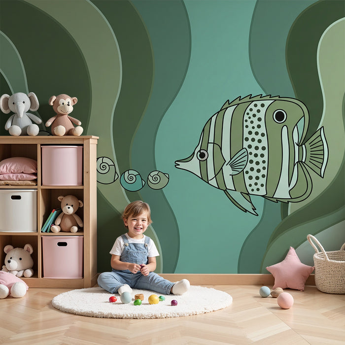 Papel de parede para quarto de criança | Peixes coloridos e conchas num oceano estilizado