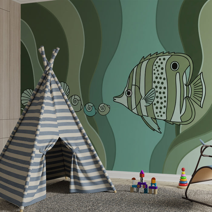 Papel de parede para quarto de criança | Peixes coloridos e conchas num oceano estilizado