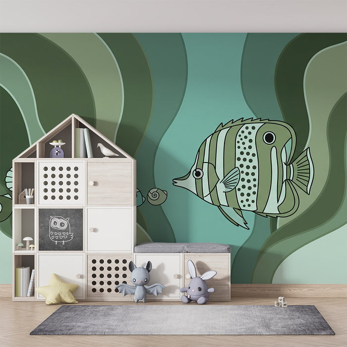 Papel de parede para quarto de criança | Peixes coloridos e conchas num oceano estilizado