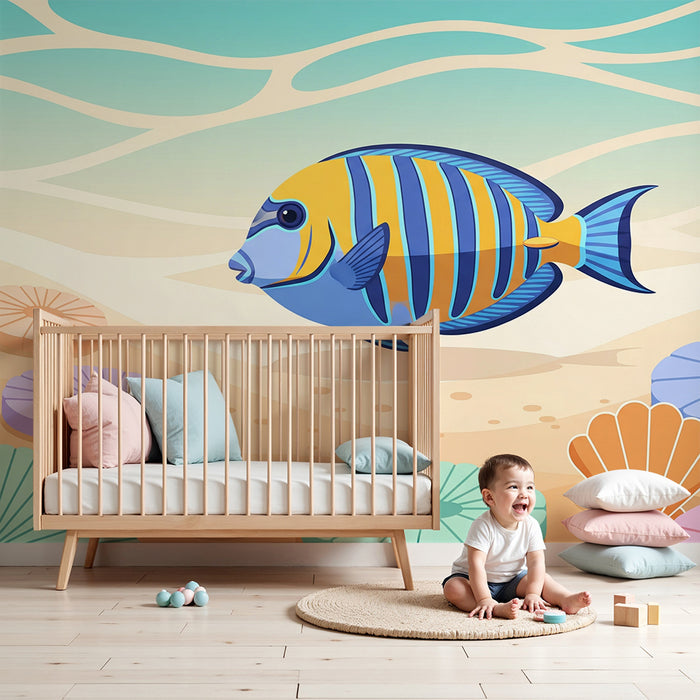 Papel de parede para quarto infantil | Peixe colorido e conchas subaquáticas