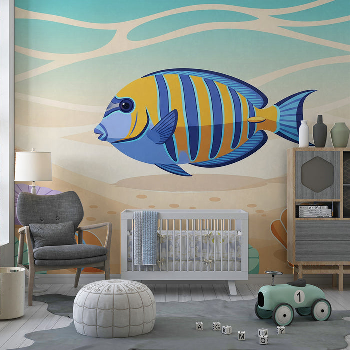 Papel de parede para quarto infantil | Peixe colorido e conchas subaquáticas