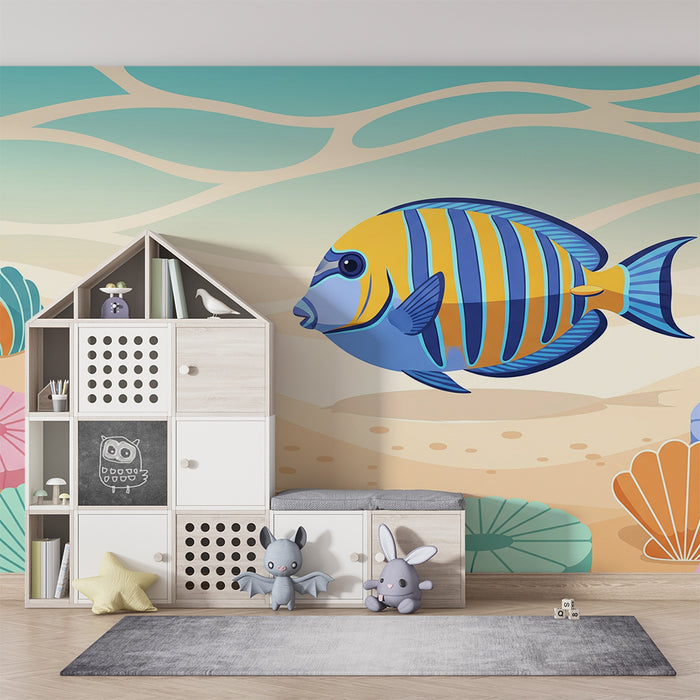 Papel de parede para quarto infantil | Peixe colorido e conchas subaquáticas