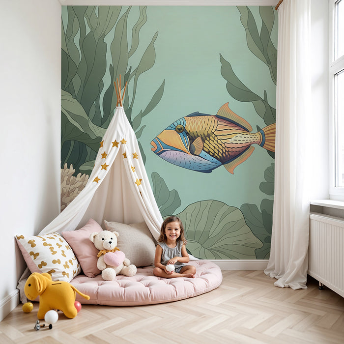 Tapete Kinderzimmer | Bunter Fisch und Koralle in einer beruhigenden Unterwasserwelt