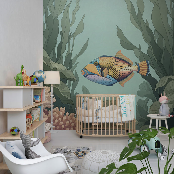 Tapete Kinderzimmer | Bunter Fisch und Koralle in einer beruhigenden Unterwasserwelt