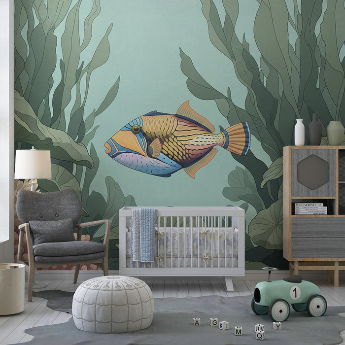 Tapete Kinderzimmer | Bunter Fisch und Koralle in einer beruhigenden Unterwasserwelt