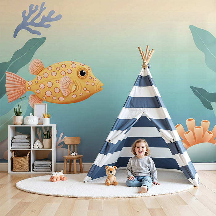 Tapete Kinderzimmer | Bunter Fisch und sanfte Meeresmotive
