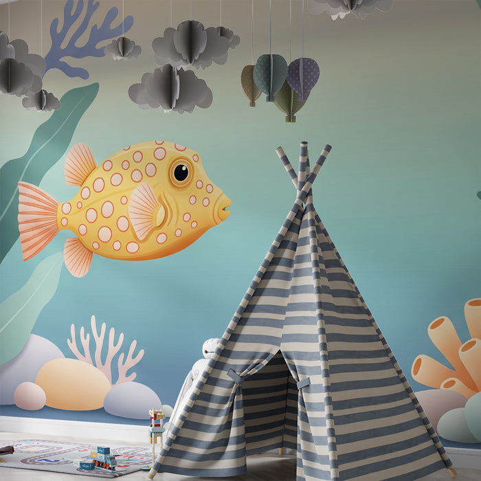 Tapete Kinderzimmer | Bunter Fisch und sanfte Meeresmotive