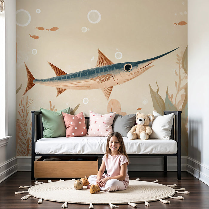 Papel de parede criança | Peixe elegante e vegetação marinha em tons suaves