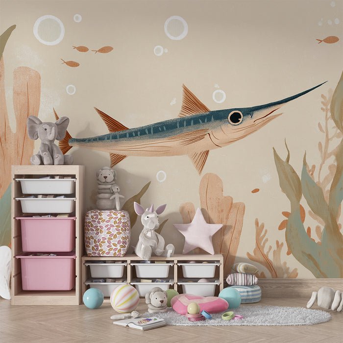 Papel de parede criança | Peixe elegante e vegetação marinha em tons suaves