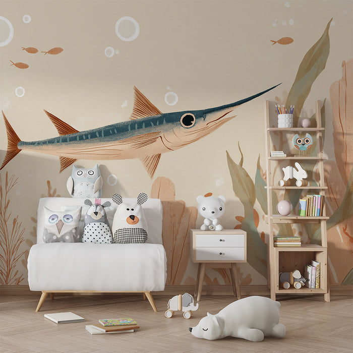 Papel de parede criança | Peixe elegante e vegetação marinha em tons suaves