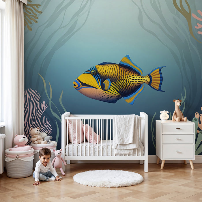Tapete Kinderzimmer | Exotischer Fisch mit Korallen im Meeresdekor
