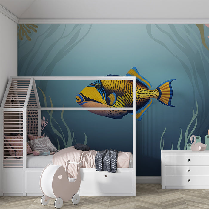 Tapete Kinderzimmer | Exotischer Fisch mit Korallen im Meeresdekor