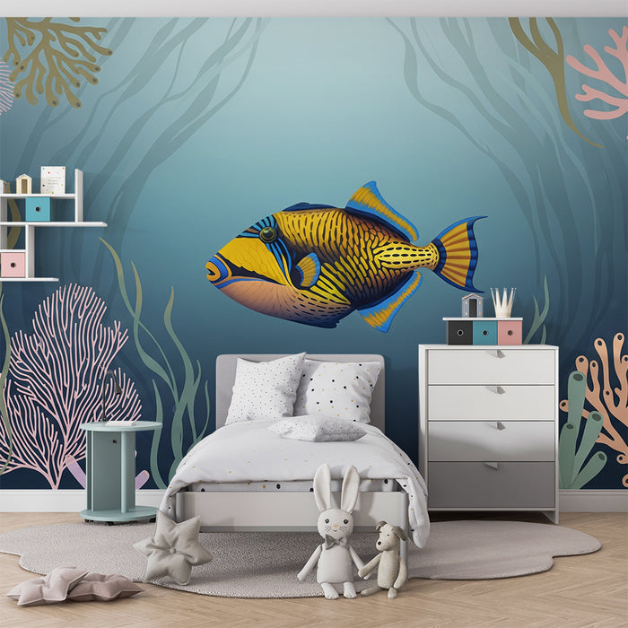 Tapete Kinderzimmer | Exotischer Fisch mit Korallen im Meeresdekor
