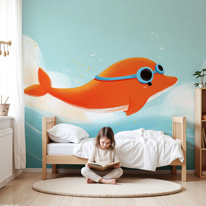 Kinderzimmer-Tapete | Lustiger orangefarbener Fisch mit Taucherbrille in einem bunten Meer
