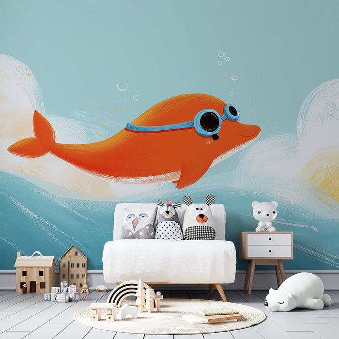 Kinderzimmer-Tapete | Lustiger orangefarbener Fisch mit Taucherbrille in einem bunten Meer