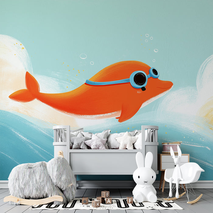 Kinderzimmer-Tapete | Lustiger orangefarbener Fisch mit Taucherbrille in einem bunten Meer