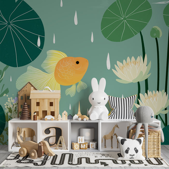 Papel de parede criança | Peixe dourado e nenúfares num ambiente aquático calmante