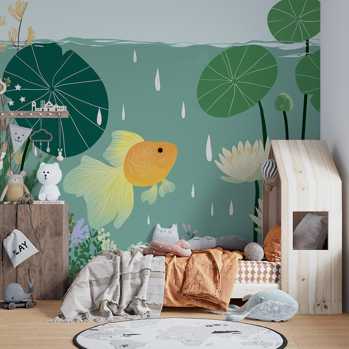 Papel de parede criança | Peixe dourado e nenúfares num ambiente aquático calmante