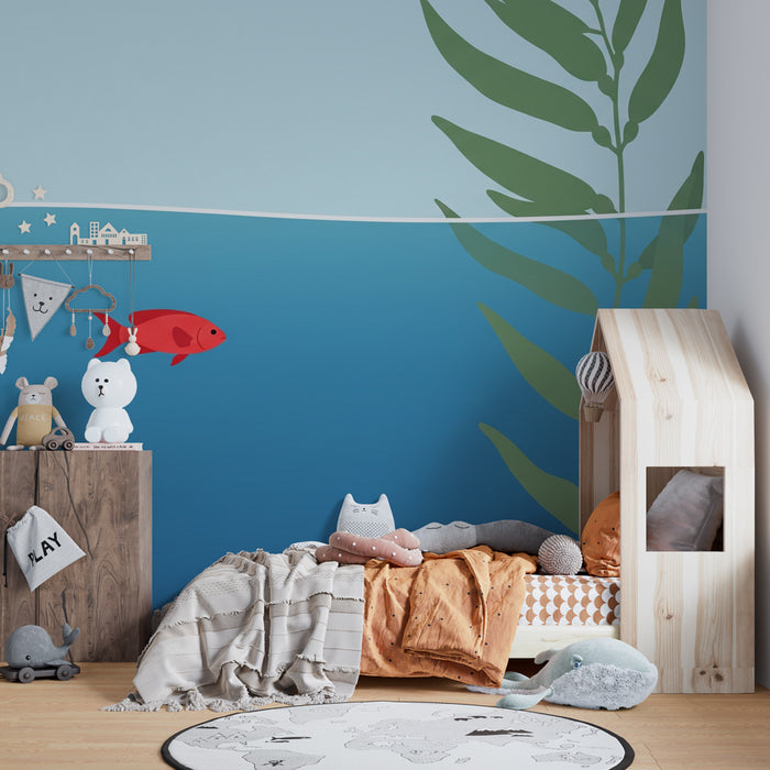 Papier peint chambre enfant | Poisson rouge et sous-marin apaisant