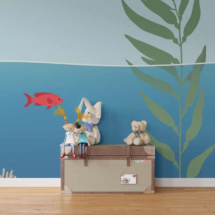 Papier peint chambre enfant | Poisson rouge et sous-marin apaisant
