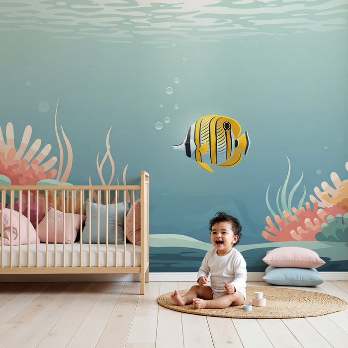 Carta da parati per camera bambini | Pesce tropicale colorato in un delicato ambiente marino