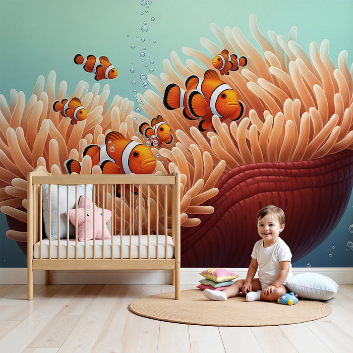 Kinderzimmer-Tapete | Clownfische in einer wunderschönen Unterwasser-Anemone
