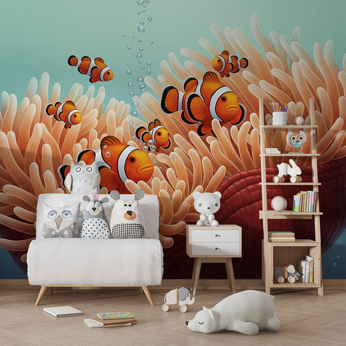 Kinderzimmer-Tapete | Clownfische in einer wunderschönen Unterwasser-Anemone