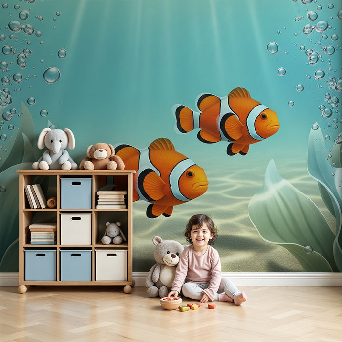 Kinderzimmer-Tapete | Clownfische und Unterwasser-Algen in einer aquatischen Umgebung