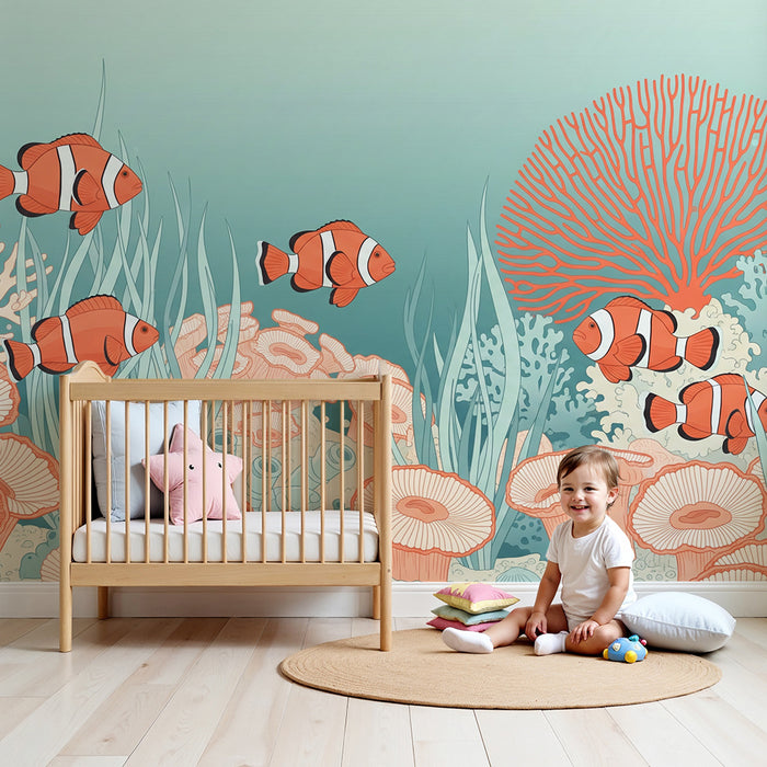 Papel de parede para quarto infantil | Peixes-palhaço e corais num ambiente marinho suave