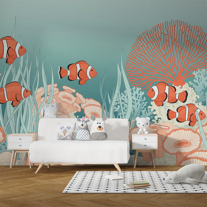 Papel de parede para quarto infantil | Peixes-palhaço e corais num ambiente marinho suave