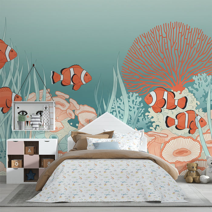 Papel de parede para quarto infantil | Peixes-palhaço e corais num ambiente marinho suave