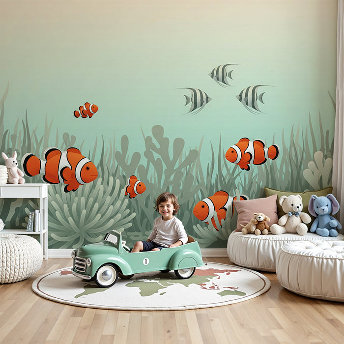Papel de parede para quarto infantil | Peixes-palhaço entre corais num cenário marinho suave