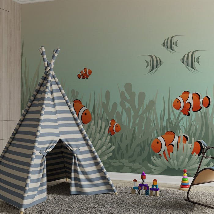 Papel de parede para quarto infantil | Peixes-palhaço entre corais num cenário marinho suave