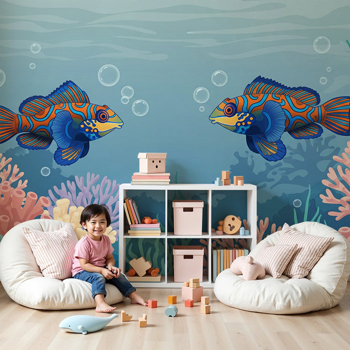Tapete Kinderzimmer | Bunte Fische um Korallen im Unterwasser-Stil