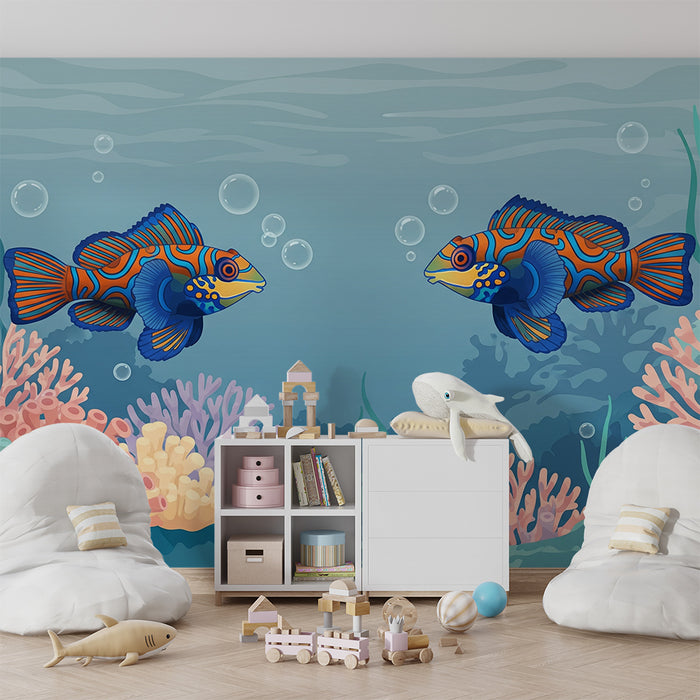 Tapete Kinderzimmer | Bunte Fische um Korallen im Unterwasser-Stil