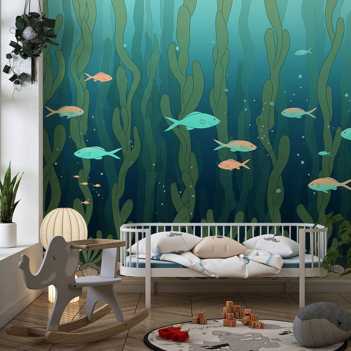Papel de parede para quarto de criança | Peixes coloridos e algas subaquáticas