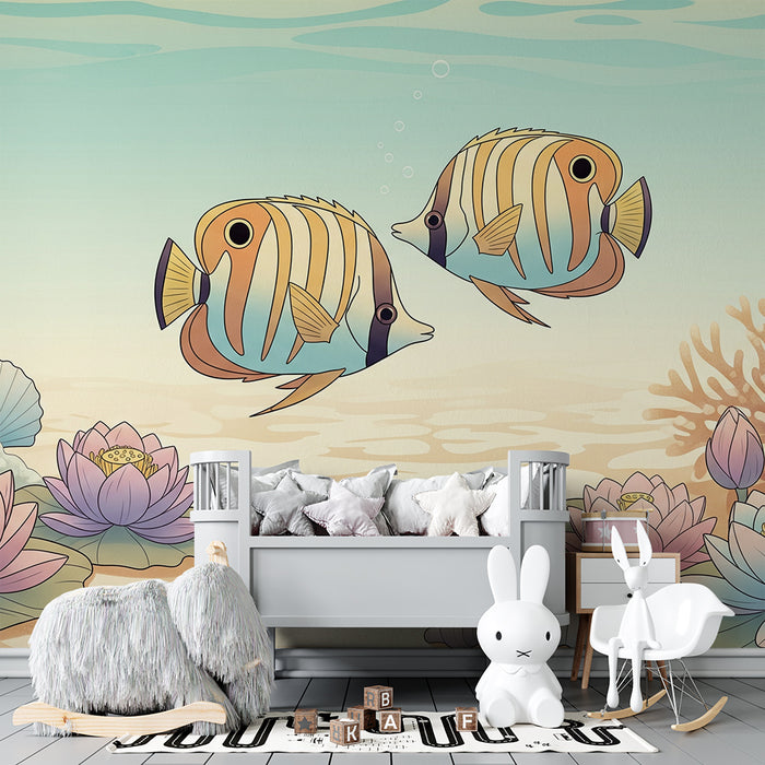 Barnrumspapper | Färgglada fiskar och vattenblommor under vatten