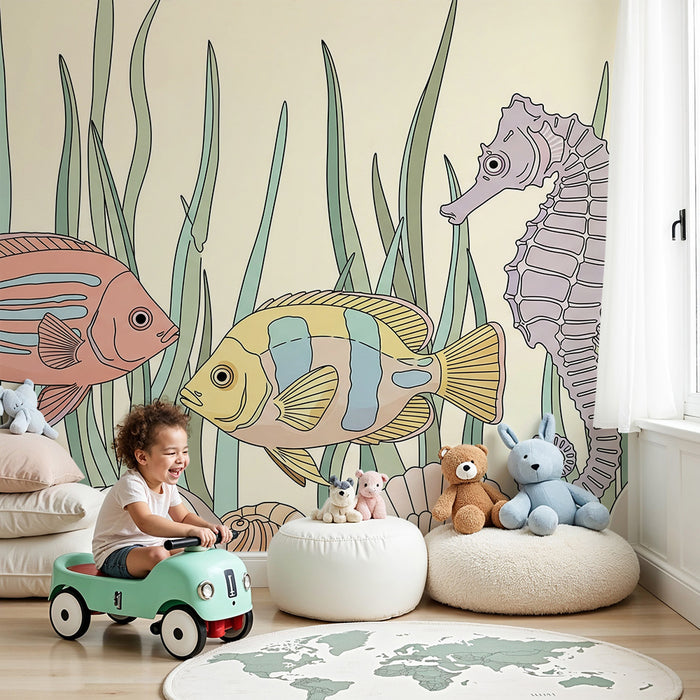 Papel de parede para quarto infantil | Peixes coloridos e cavalo-marinho num cenário marinho