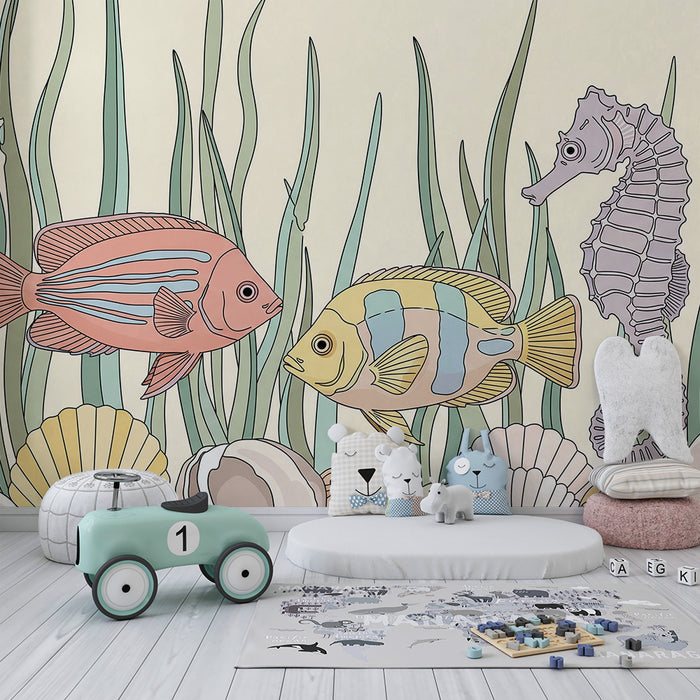 Papel de parede para quarto infantil | Peixes coloridos e cavalo-marinho num cenário marinho