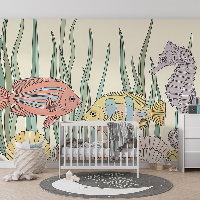 Papel de parede para quarto infantil | Peixes coloridos e cavalo-marinho num cenário marinho