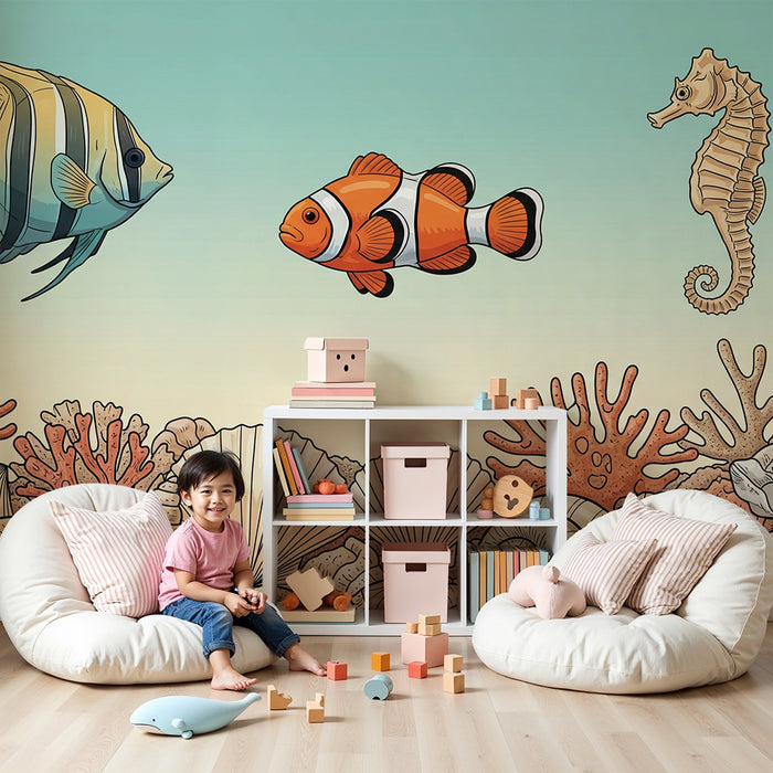 Papel de parede para quarto infantil | Peixes exóticos com corais no fundo do mar