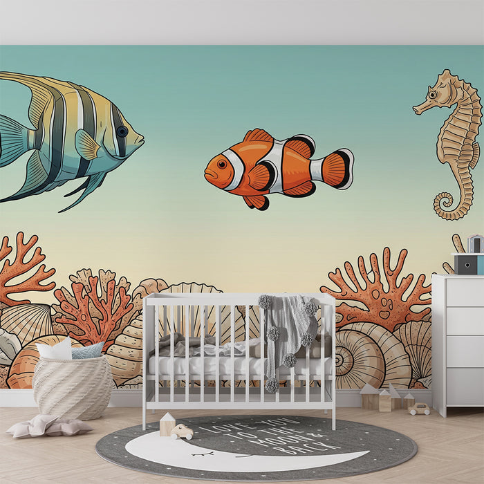 Papel de parede para quarto infantil | Peixes exóticos com corais no fundo do mar