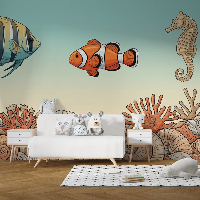 Papel de parede para quarto infantil | Peixes exóticos com corais no fundo do mar