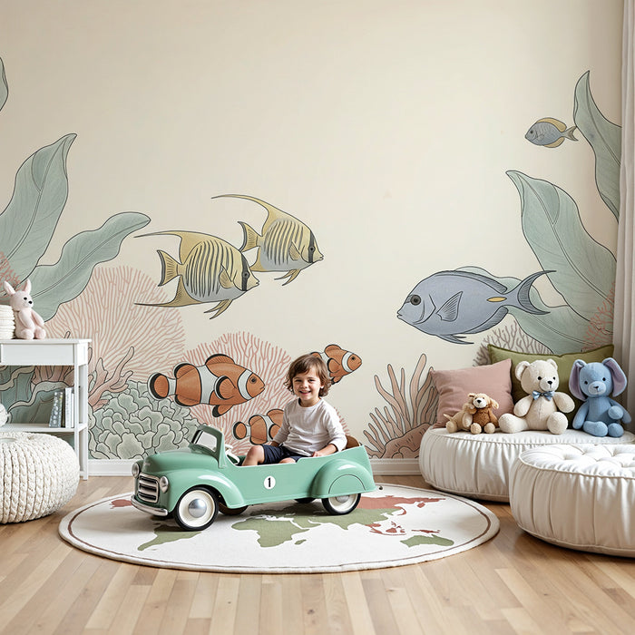 Kinderzimmer Tapete | Bunte exotische Fische zwischen Unterwasserkorallen